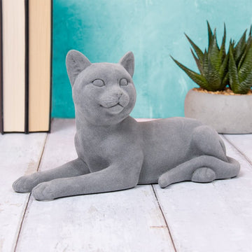 Cat Figurine Ornament Feline Lying Smooth Grey Resin Gift