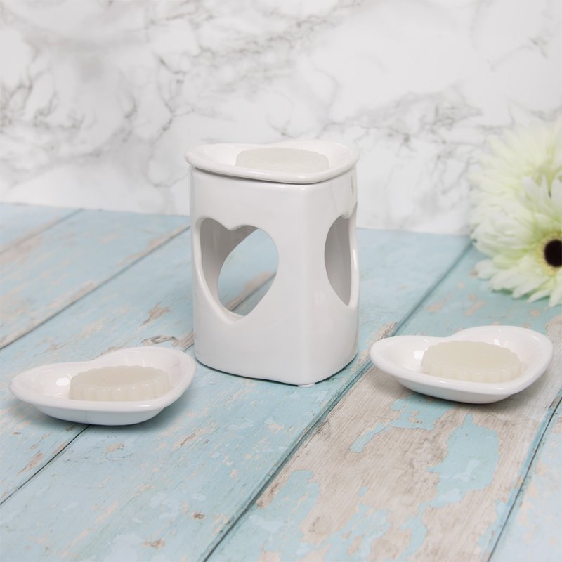 Ceramic Oil Burner Wax Melt Warmer White Hearts Tealight