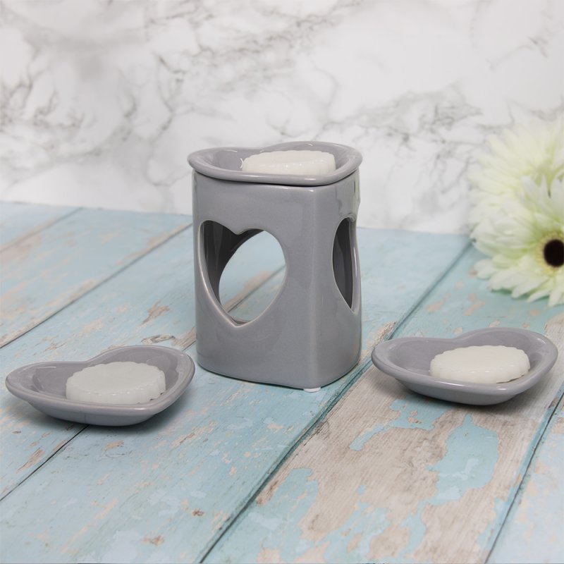 Ceramic Oil Burner Wax Melt Warmer Grey Hearts Tealight