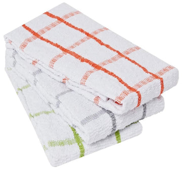 Checked Kitchen Tea Towel Set 3pk - Green, Grey & Orange