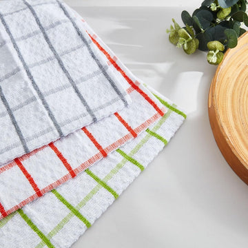 Checked Kitchen Tea Towel Set 3pk - Green, Grey & Orange