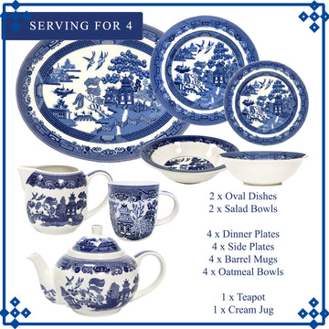 4-Serving Set Ceramic Blue Willow Antique Dinnerware