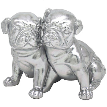 Twin Pug Ornament Figure Silver Art Metallic Home Decoration