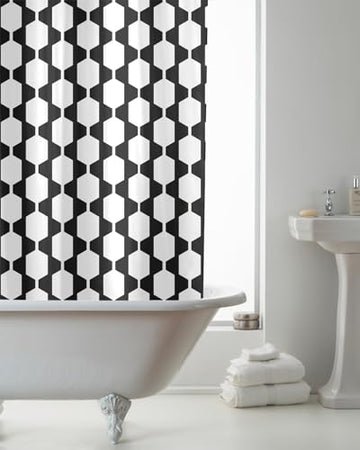 Retro Mono Waterproof Shower Curtain with Hooks - Black & White