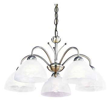 5 Light Antique Brass Ceiling Pendant Light With White Glass Shade