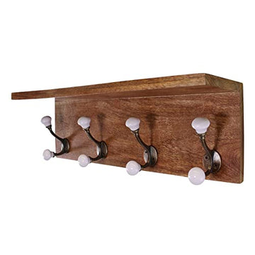 Metal Wall Hanging Hook Hanger With Wooden Shelf Storage