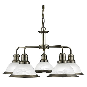 Bistro 5 Light Antique Brass Glass Shade Chandelier