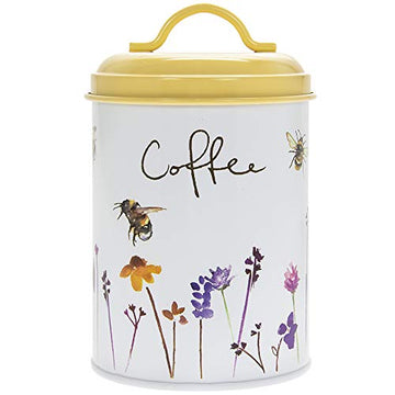 Bees & Flowers Coffee Storage Yellow Tin Canister Airtight Lid