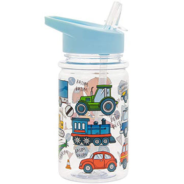 Blue Drinking Bottle with Folding Straw for Kids - Vehicles