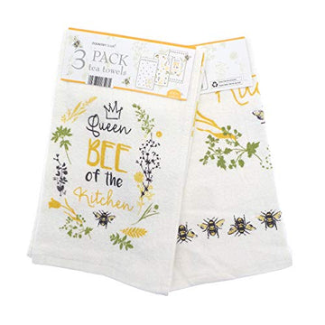 3pk Queen Bees & Flowers Tea Towels - Ochre Yellow