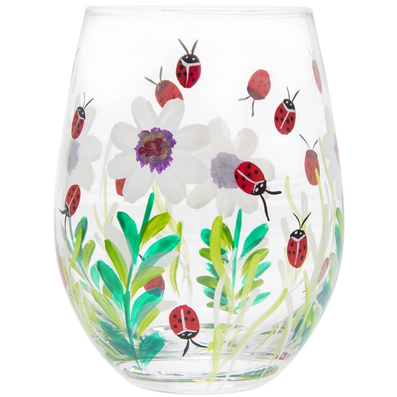 Stemless Gin Glass Lynsey Johnstone 500ml Hand Painted Ladybirds Flower