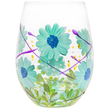 2Pcs 500ml Lynsey J Hand Painted Blue Gerbera Flowers Stemless Gin Glasses