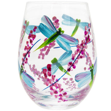 2Pcs 500ml Lynsey J Hand Painted Blue Dragonfly Flower Stemless Gin Glasses