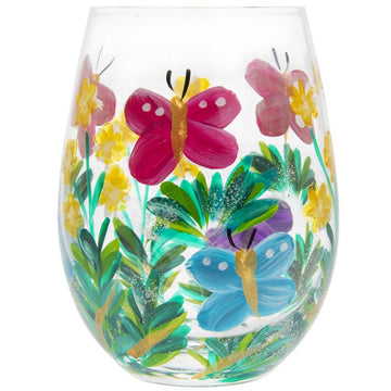 2Pcs 500ml Lynsey J Hand Painted Pink Butterfly Flower Stemless Gin Glasses