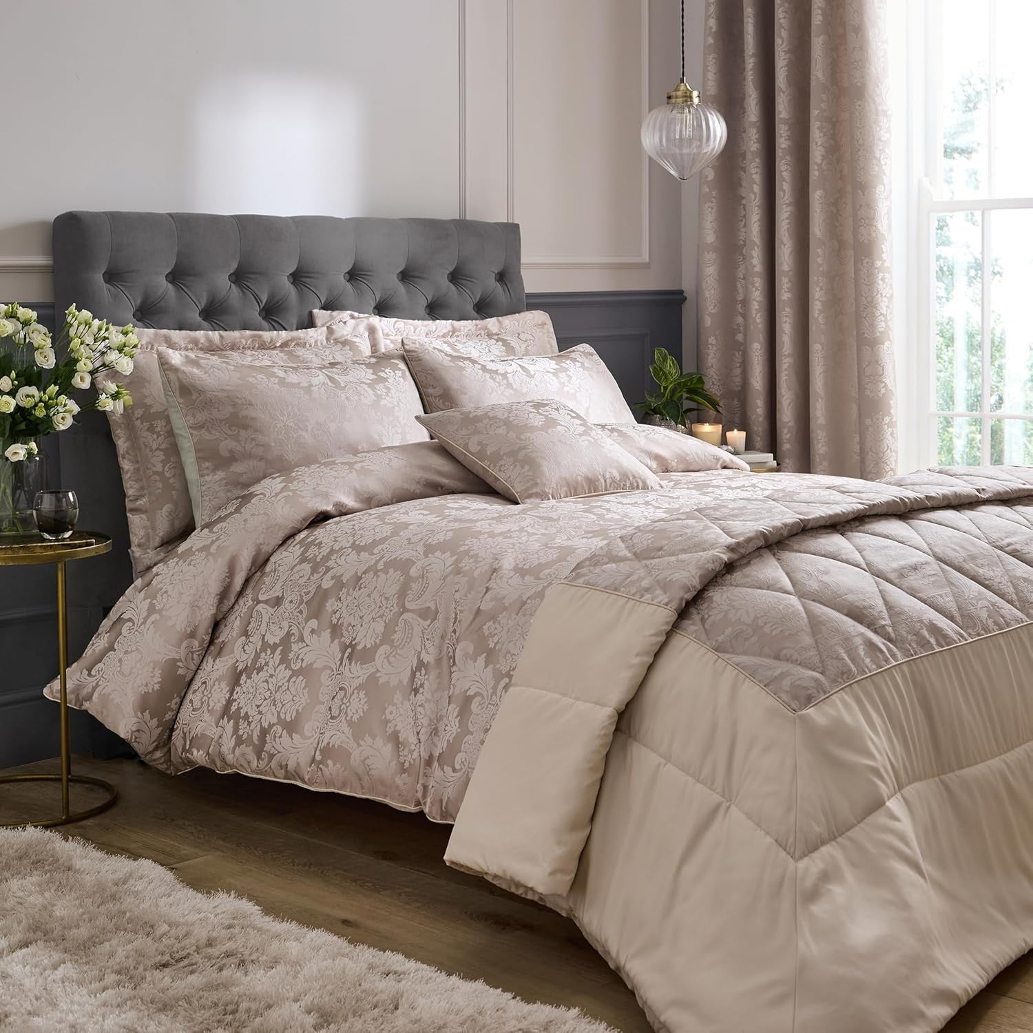 Catherine Lansfield Damask Jacquard Duvet Cover Set, King, Champagne