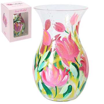 Lynsey Johnstone Hand Painted Pink Tulips Glass Decorative Clear Vase