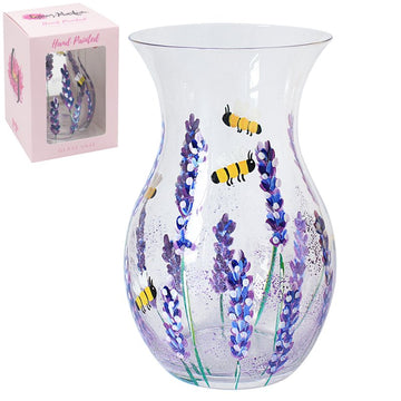 Lynsey Johnstone Hand Painted Bees & Lavender Glass Decorative Clear Vase