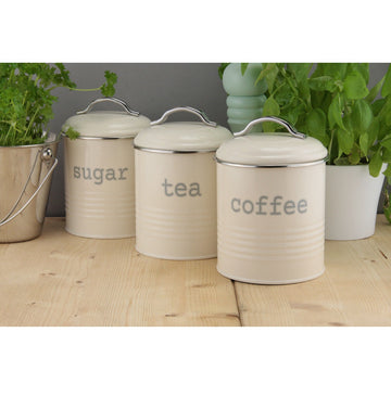 Set Of 3 Round Tea Coffee Sugar Canisters Stainless Steel