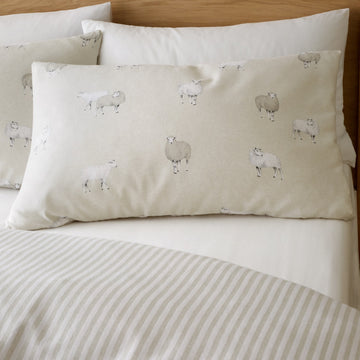 Farmhouse Sheep Flannelette Brushed Cotton Duvet Cover Set, Double, Natural