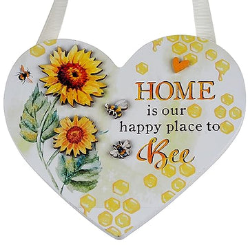 Bee Happy Sunflower Wooden Heart Plaque