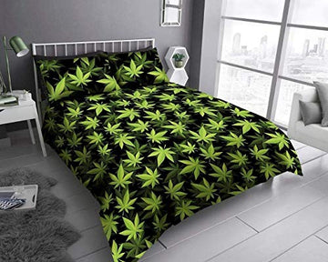 Weed Leaf Duvet Cover Set King, Black & Green