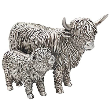 Silver Highland Cow and Calf Animal Art Ornament