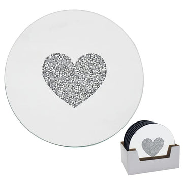 15cm Mirrored Round Candle Plate - Multi Crystal Heart Diamante