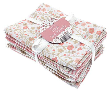 10 Pack x 100% Cotton Floral Kitchen Tea Towel - Blush Pink