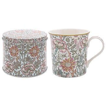 William Morris Pink & Rose Ceramic Mug in Round Tin