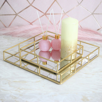 Set of 2 Square Gold Mirror Plate Votive Trays