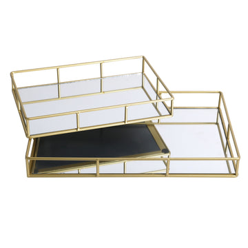 Set of 2 Rectangle Gold Mirror Plate Votive Trays