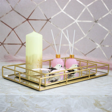 Set of 2 Rectangle Gold Mirror Plate Votive Trays