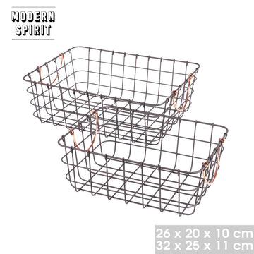 Set Of 2 Rectangular Black Metal Baskets With Copper Handle