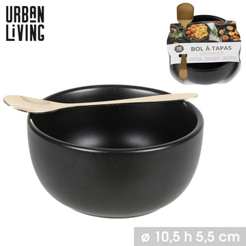 2Pcs 11cm Tapas Dish Bowl Ceramic & Spoon Black