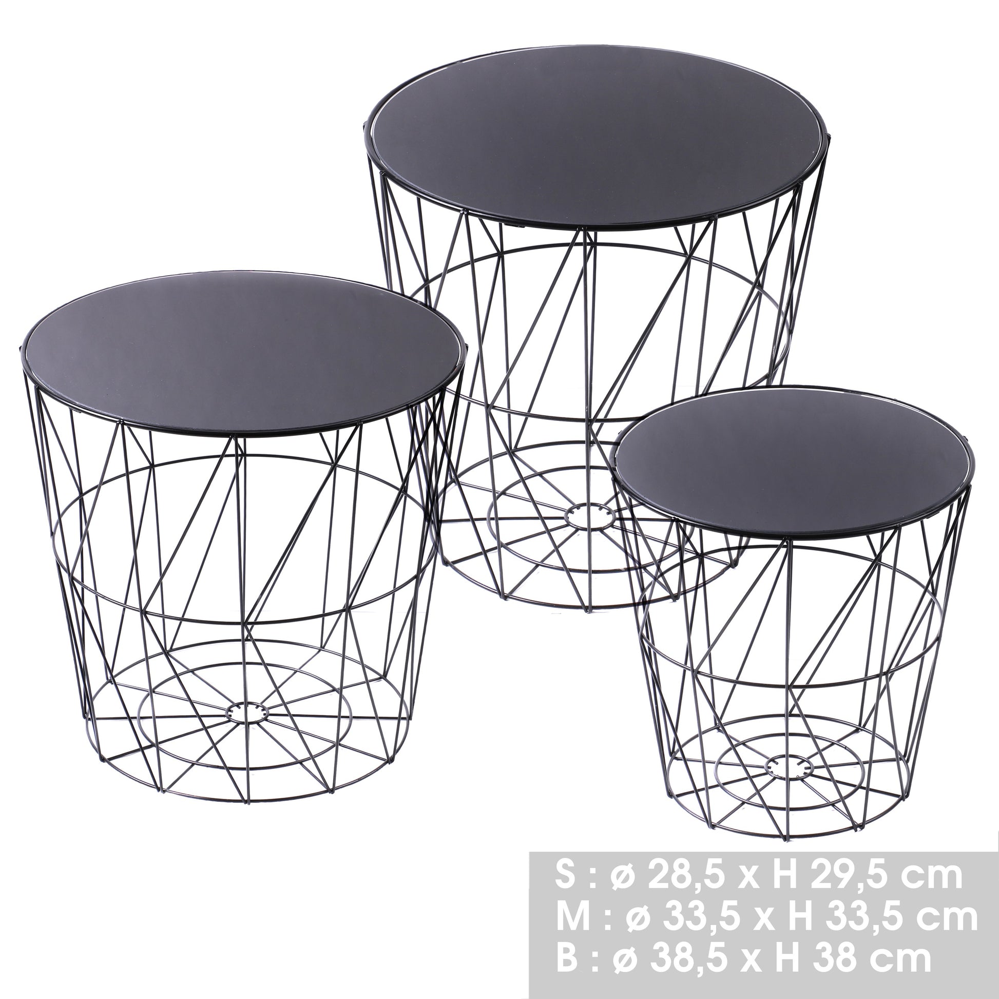 3Pcs Black Barrel Side Table With Storage