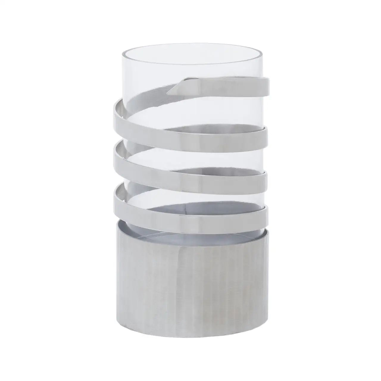 Aureli Small Vertical Textured Silver Metal Hurricane Candle Holder.