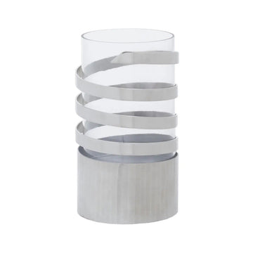 Aureli Small Vertical Textured Silver Metal Hurricane Candle Holder.