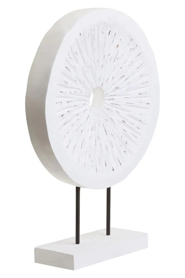 Filo Distressed White Carved Wood Large Round Sculpture