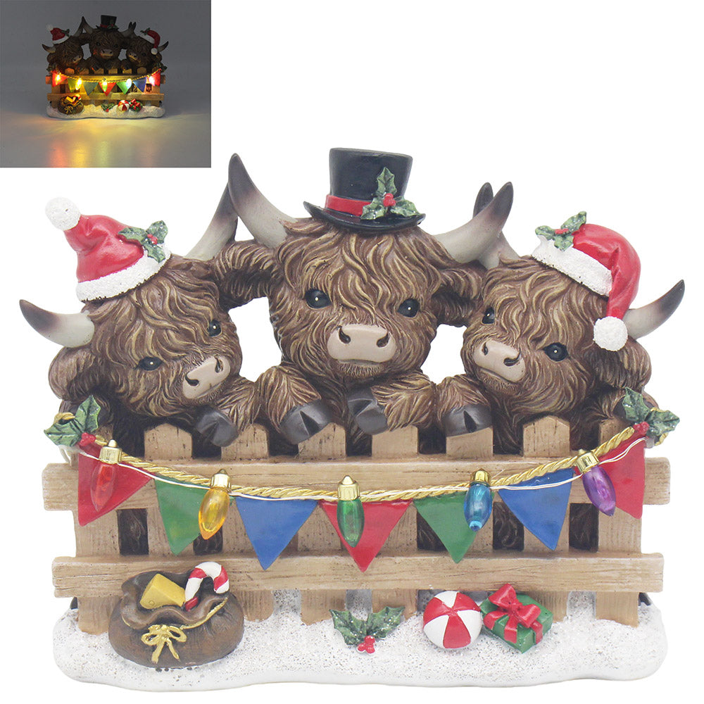 3 Highland Cows Christmas Ornament LED Light Up