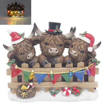 3 Highland Cows Christmas Ornament LED Light Up