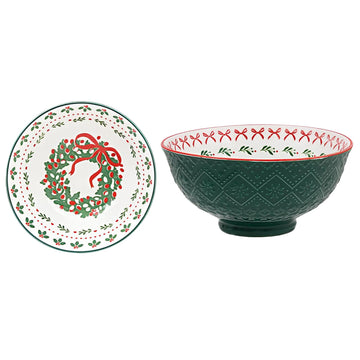 Green Holly & Berry Ceramic Christmas Bowl