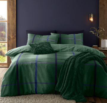 Herringbone Check Flannelette Brushed Cotton Duvet Cover Set, King, Green
