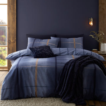 Herringbone Check Flannelette Brushed Cotton Duvet Cover Set, King, Blue