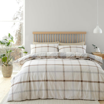 Catherine Lansfield Check Brushed Cotton Flannelette Duvet Cover Set, King, Natural