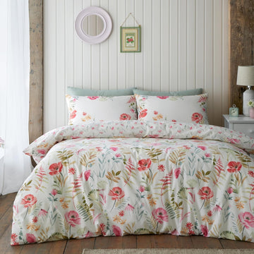 Catherine Lansfield Poppy Green Foliage Duvet Cover Set, King, Cream
