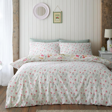 Catherine Lansfield Poppy Green Foliage Duvet Cover Set, King, Cream