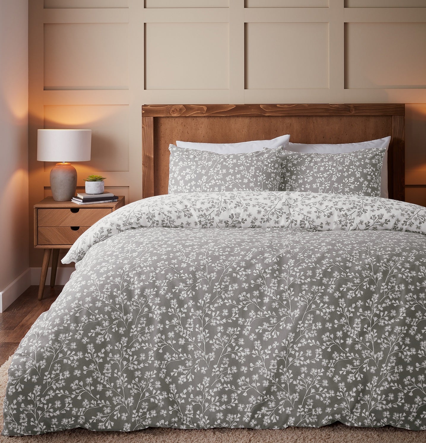 Grace Floral Leaf Flannelette Brushed Cotton Duvet Cover Set, Double, Grey