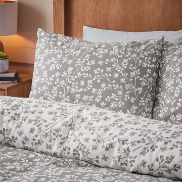 Grace Floral Leaf Flannelette Brushed Cotton Duvet Cover Set, Double, Grey