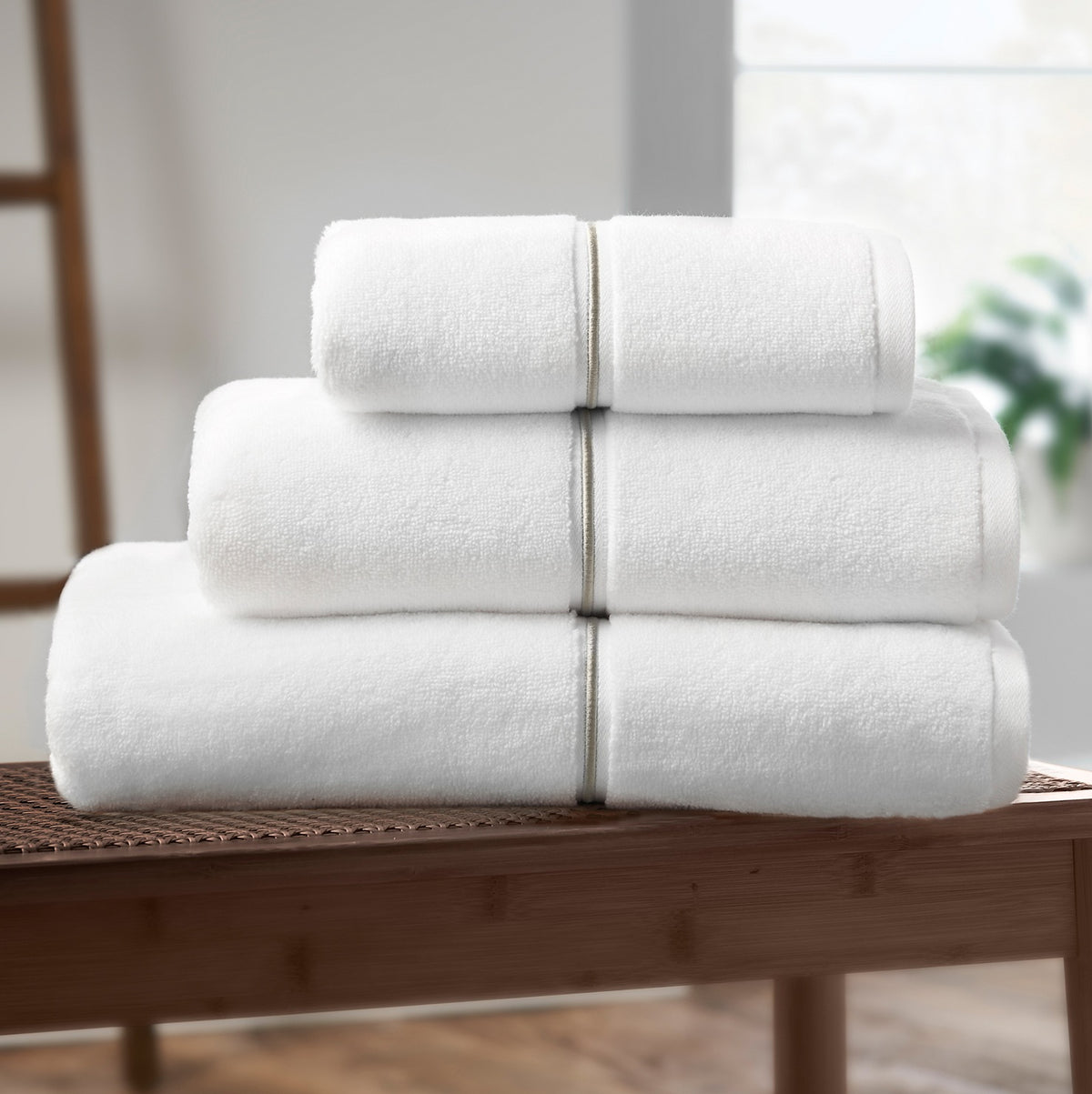 Zero Twist Satin Stitch Bath Sheet Towel with Embroidered Hem - White & Silver