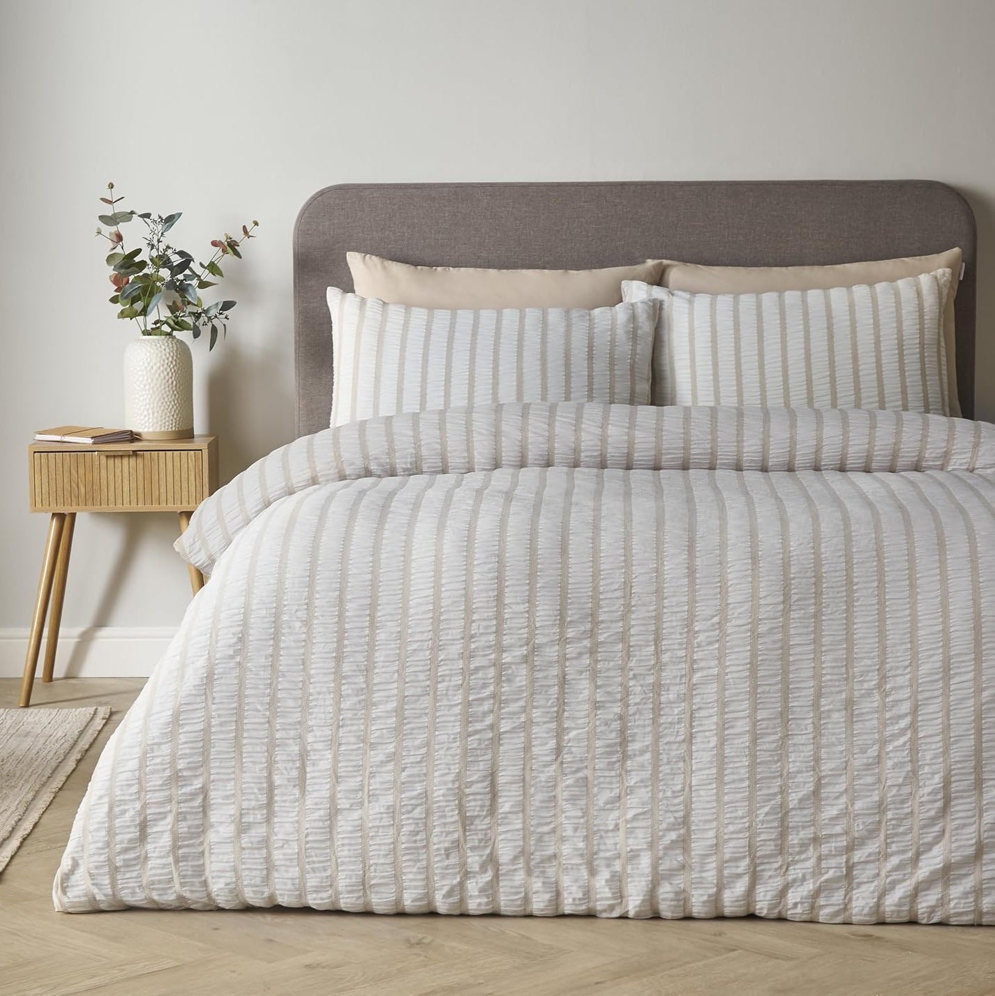Catherine Lansfield So Soft Seersucker Stripe Duvet Cover Set, Double, Natural